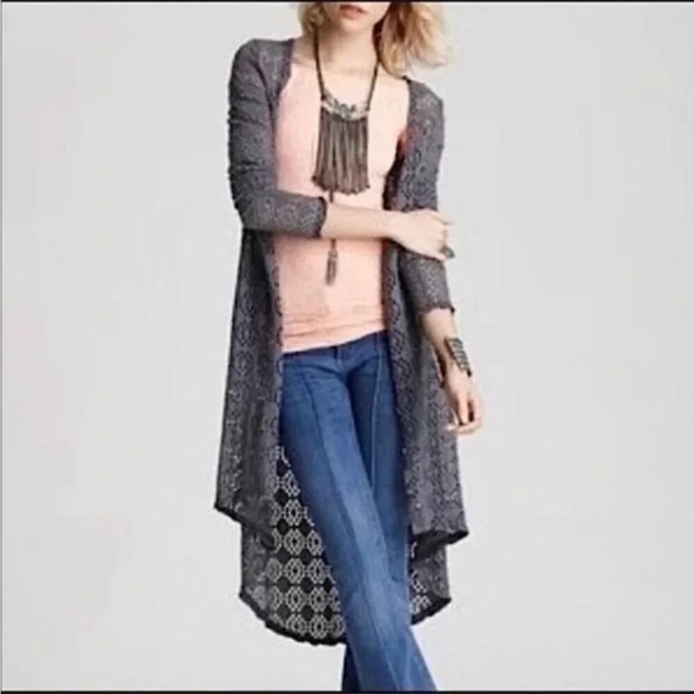 Vintage Free People Beach Gray Crochet Button Front Maxi Cardigan - Picture 10 of 16